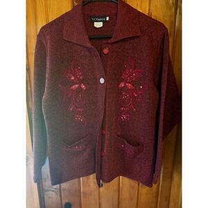 T C Fashion Red Knit Cardigan Sequined Embellished Button Down‎ Pockets Size M